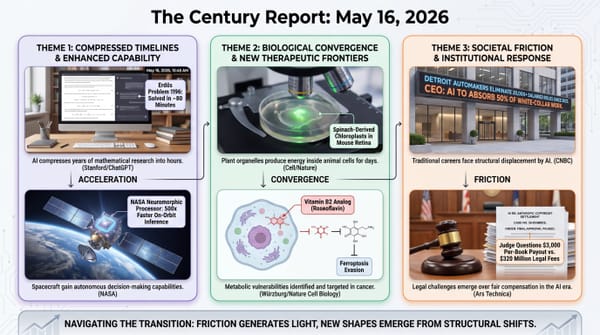 ChatGPT solves Erdős Problem 1196 in 80 min, spinach chloroplasts power mouse retinas, vitamin B2 cancer target, NASA chip, Detroit AI layoffs, Anthropic settlement paused.