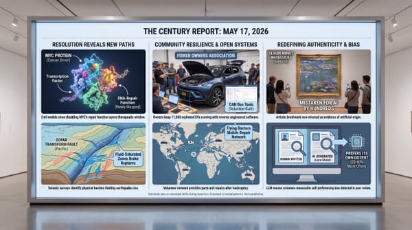Three-panel infographic: MYC cancer protein's hidden DNA-repair job disabled, Fisker owners keep 11,000 EVs running, AI evaluators self-prefer at 23-60%, a real Monet misread as AI-generated.