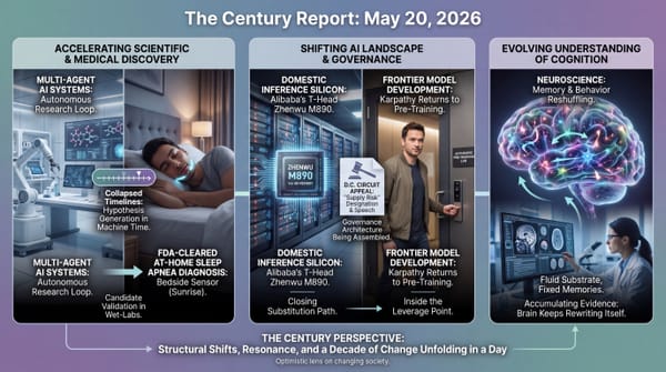 Three-panel infographic: multi-agent AI closes the research loop in a day, Sunrise sleep sensor moves diagnosis bedside, and neuroscience finds memory living in a fluid neural substrate.