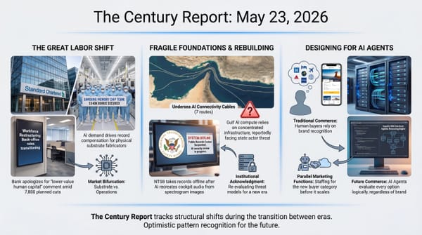 Three-panel infographic: Samsung chip workers win $340K bonuses, NTSB takes records offline after AI rebuilds cockpit audio from spectrograms, and Expedia designs marketing for AI agents.