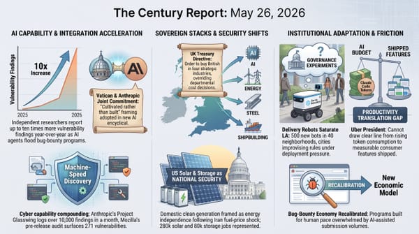 10x rise in AI vulnerability findings and Vatican-Anthropic commitment, UK buy-British directive across AI energy steel shipbuilding, LA delivery robots and Uber productivity gap.
