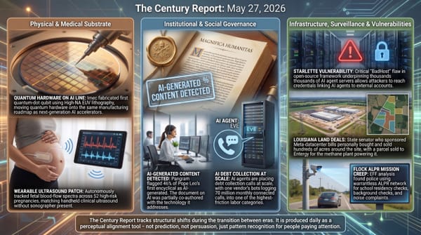 quantum chip and wearable ultrasound patch, Pope Leo's AI-detected encyclical and AI debt collector Eve, BadHost vulnerability, Louisiana land deals, and Flock ALPR creep.