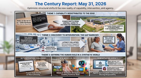Three-theme Century Report infographic: AI capability shifting to $400 laptops and France compute, cancer drugs reaching patients faster, plus authentication and agency challenges.