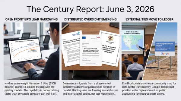 Century Report infographic: open AI models and shared cyber access, a scale weighing a voluntary federal AI order against binding state rules, and AI's hidden water, tax, and capital costs.