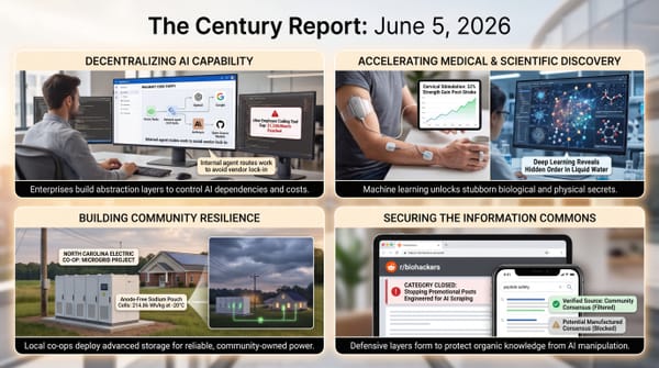 Century Report infographic: in-house AI coding agents, post-stroke arm stimulation, community battery microgrids, and Reddit defenses against AI answer manipulation.