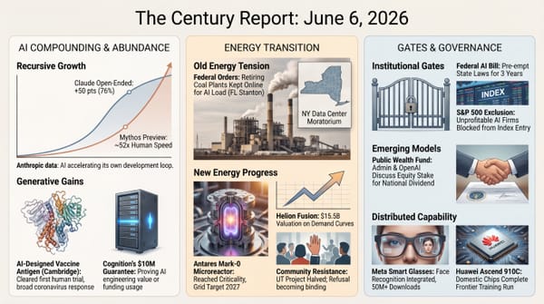 Century Report infographic: Anthropic data on AI accelerating its own development, an AI-designed vaccine trial, Antares microreactor and Helion fusion, and AI governance gates.