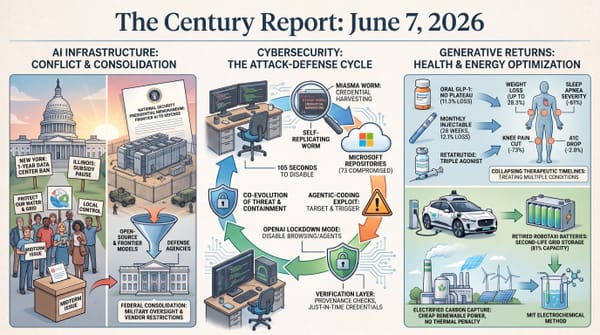 Century Report infographic: New York data center ban and Illinois subsidy freeze, an AI coding worm hitting 73 repositories, GLP-1 obesity trial gains, and a military AI memo.