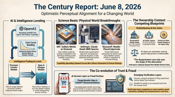 OpenAI recasting ChatGPT and the cost curve bending, MIT gallium nitride on diamond, Claude reading NMR spectra, competing AI ownership blueprints, and AI shopping fraud.