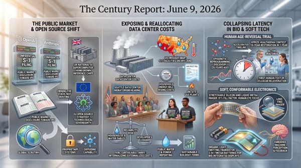 OpenAI and Anthropic public-market filings, EU open-source sovereignty, data-center cost reallocation on drought land, age-reversal trial, and stretchable soft electronics.