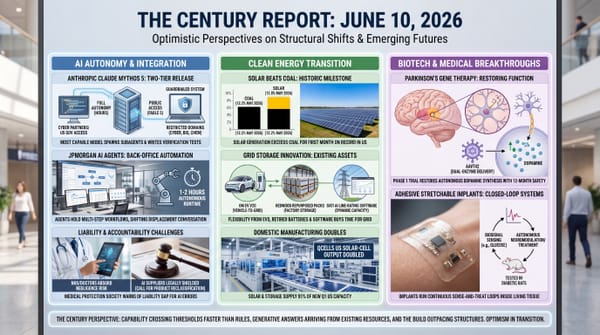 Century Report infographic: Anthropic's two-tier Claude Mythos 5 and Fable 5 release, JPMorgan AI agents, solar beating coal, Qcells output doubling, and a Parkinson's gene therapy.
