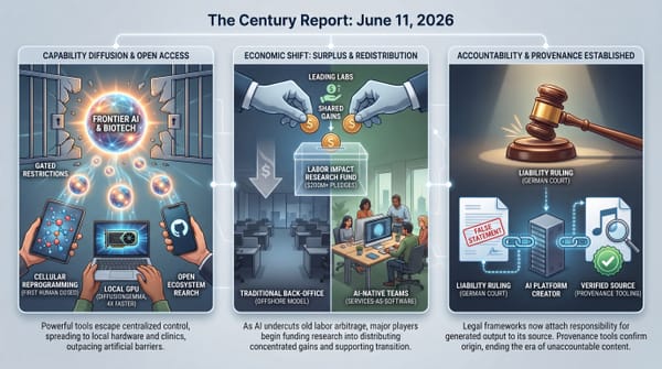 Century Report infographic: frontier AI and biotech reaching local hardware, leading labs funding labor-impact research, and a German court ruling establishing AI accountability.