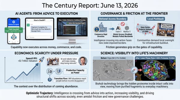 AI agents executing trades, payments, and code; trillionaire says money won't matter; Fable, Mythos pulled; protests blocking $130B in data centers; laser microscope reveals hidden proteins.
