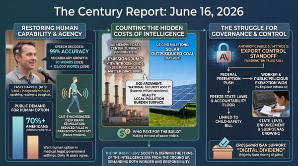 Three-panel Century Report infographic: ALS patient speaks via brain implant, DOJ and public push back on AI national-security overrides, and open-weight models spread worldwide.