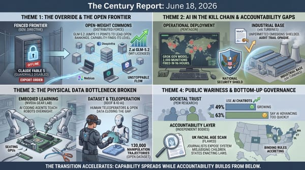 the export-control override versus the open frontier and GLM-5.2, Grok in the kill chain, robot-training data opening up, and public AI wariness with bottom-up rules.