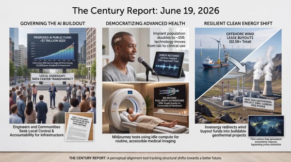 Three-panel Century Report infographic: a $7T AI public fund and data-center oversight, brain implants restoring speech, full-body ultrasound, and wind buyouts shifting to geothermal.