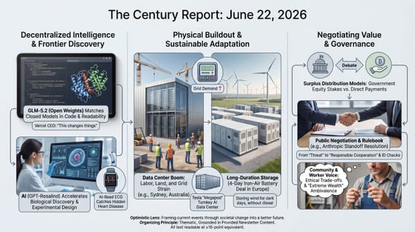 Three-panel infographic: open-weight GLM-5.2 matches closed AI in code; a data-center boom and a four-day iron-air battery scale the buildout; debate over sharing AI's surplus.