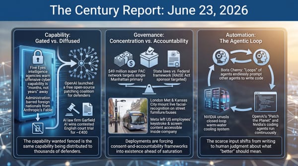 Three-panel infographic: Five Eyes warn on AI cyber power as labs arm defenders; a $49M super PAC and street facial recognition test accountability; agents loop to write code.
