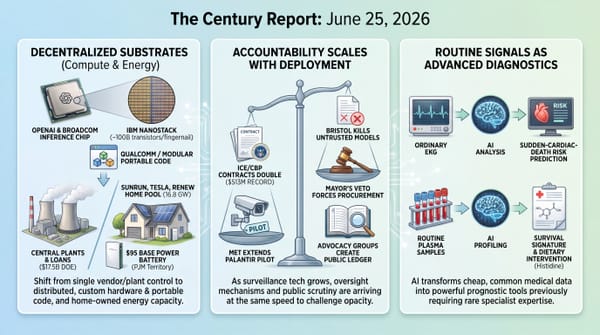 Three-panel infographic: decentralized compute and energy substrates; surveillance oversight scaling with deployment; AI turning routine EKGs and blood draws into advanced diagnostics.