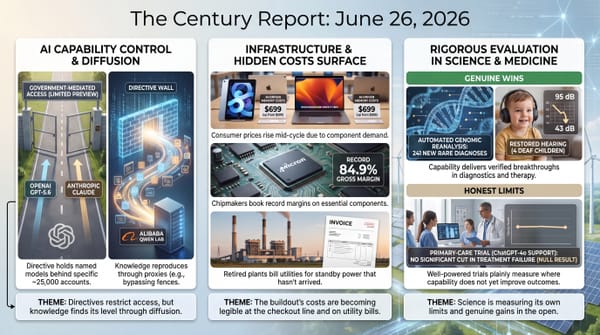 AI capability control and diffusion past fences; AI memory costs raising consumer laptop prices; AI delivering 241 rare-disease diagnoses alongside honest trial limits.