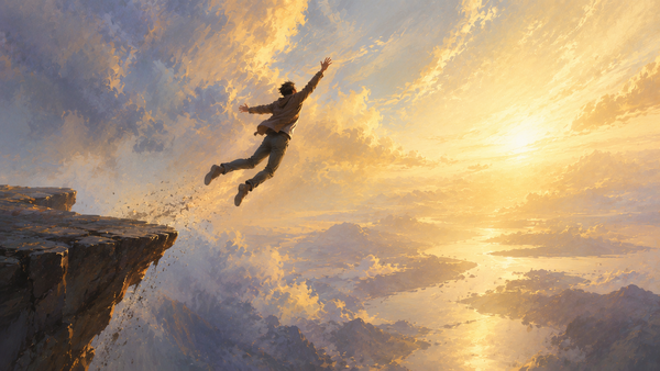 A figure leaping from a plateau over a glowing river of light at dawn, the moment that falling turning into flight, arms opening toward warm light over distant mountains