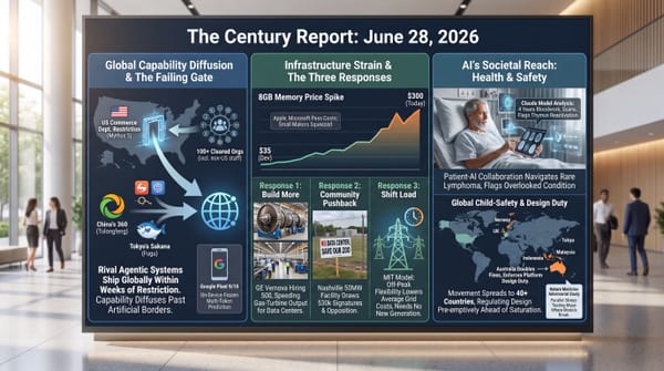 Three-panel infographic: AI capability flowing past export gates to Asian labs; a GE Vernova gas turbine and a $300 memory module; AI at a patient's bedside and Australia's child-safety law.