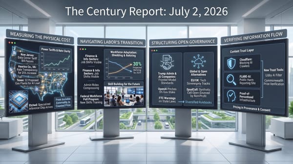 Four-panel infographic on screens: data-center power tariffs, AI labor shifts and rehiring, Washington's AI standards deal and OpenAI's 5% stake, and content-trust tools.