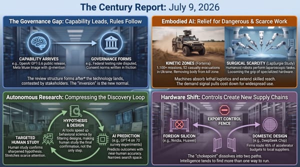 the AI governance gap where capability leads and rules follow, embodied robots for dangerous work, autonomous research loops, and export-control supply chains.