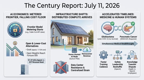 Three-panel Century Report infographic: metered AI frontier and falling cost floor; home-hosted AI compute; and simultaneous cancer breakthroughs with OpenAI leadership shifts.