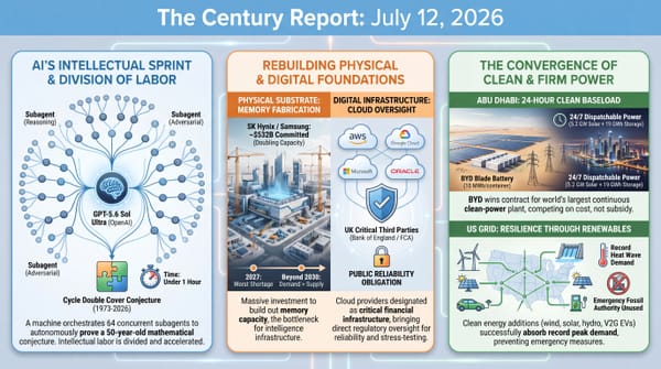 Three-panel Century Report infographic: an AI attempting a 50-year math conjecture with parallel subagents; memory-chip and cloud-oversight buildout; and Abu Dhabi 24-hour clean power.