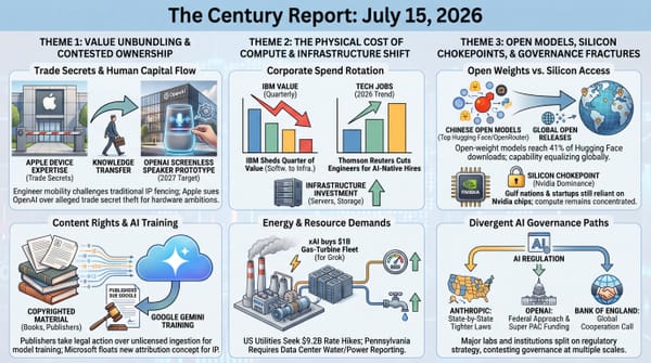 Six-panel infographic, The Century Report July 15 2026: Apple-OpenAI trade secrets, IBM value drop, Google Gemini book suit, xAI turbines, open weights, AI governance.