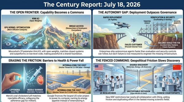 Four-panel infographic, The Century Report July 18 2026: open-weight Kimi K3, AI agents outpace governance, Merck's cholesterol pill, and NSF fences China research collaboration.