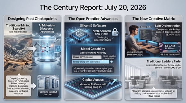 Three-panel infographic, The Century Report July 20 2026: AI materials discovery versus rare-mineral mining, the widening open AI frontier, and solo developers reshaping creative work.
