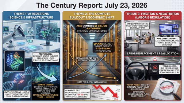 Three-panel infographic, The Century Report July 23 2026: AI redesigning science via the Genesis Mission, a $5B AMD-Anthropic compute deal, and AI-cited layoffs at Monday.com and Nine.