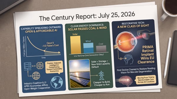 industry opposition to broad open-weight limits and secure open-source AI backed by 21 APEC economies, solar passing coal and wind on the US grid, and the PRIMA retinal implant winning EU