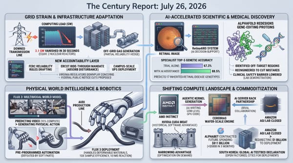 a downed line dropping 3 gigawatts of data-center load, an AI reading retinal images and redesigning gene editors, FLUX 3 running Audi robots, and AMD narrowing Nvidia's lead.