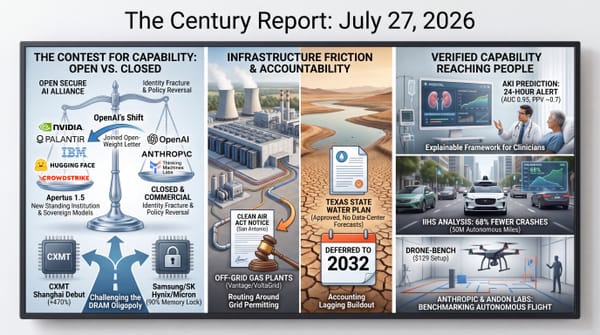 Three-panel infographic, Century Report July 27 2026: Open Secure AI Alliance vs closed models, Texas water plan deferred to 2032, plus AI kidney alerts, Waymo crashes, Drone-Bench flight.