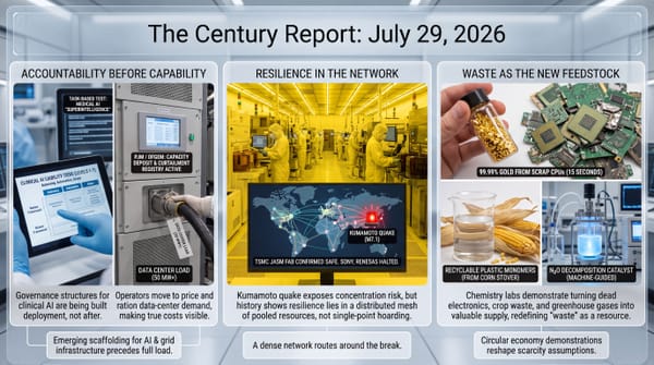 Three-panel Century Report July 29 2026 infographic: clinical AI liability tiers and grid curtailment registry, Kumamoto quake chip-cluster map, and gold recovered from scrap CPUs.