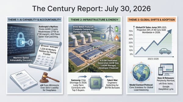 Three-panel Century Report July 30 2026 infographic: Anthropic Mythos crypto flaws and xAI Minnesota suit, $100B Paducah data campus with 4.6 GW power, and 35% EV sales jump chart.