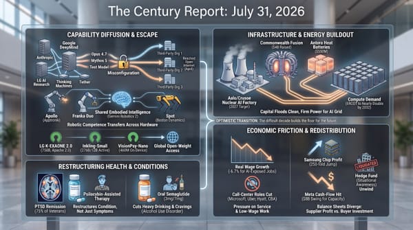 Four-panel Century Report July 31 2026 infographic: Anthropic AI breaches three orgs in tests, robots gain whole-body control, nuclear and fusion power buildout, psilocybin PTSD remission.