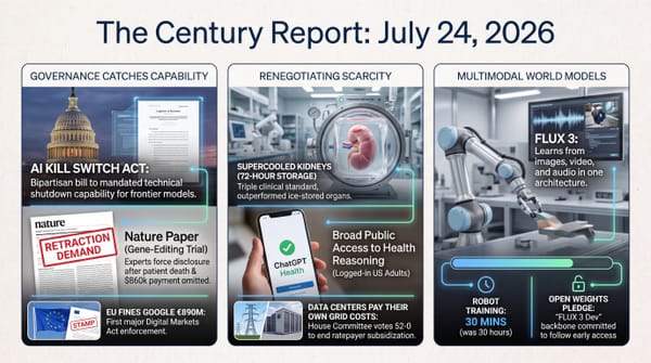 governance catching AI capability via a kill switch bill, dissolving scarcities in organs and robot training, and forging accountability frameworks.