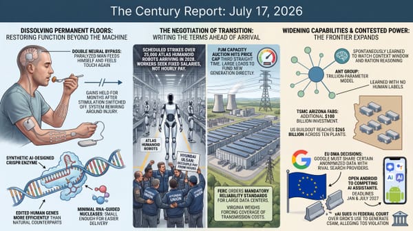Three-panel infographic, The Century Report July 17 2026: a neural-bypass patient regains movement, Hyundai workers strike beside humanoid robots, EU rulings open Google's search data.