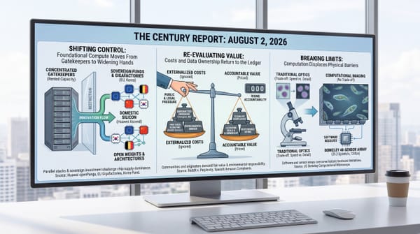 Three-panel Century Report Aug 2 2026 infographic: compute shifting from gatekeepers to sovereign funds and domestic silicon, costs returning to the ledger, and a 48-sensor microscope.