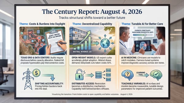 Century Report Aug 4 2026 three-panel infographic: Texas data-center grid audits, open-weight AI models rising in Europe, and AI dermatology tuned for fairer diagnosis.