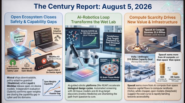 Century Report Aug 5 2026 three-panel infographic: open-weight safety models closing the gap, an AI-robotics loop improving enzymes 104-fold, and compute scarcity reshaping value.
