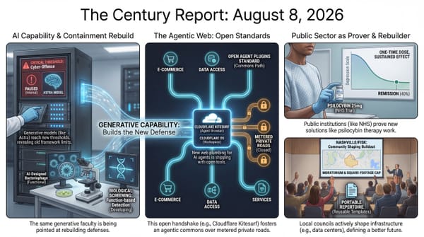 OpenAI pausing Astra at a cyber threshold, open-standard tooling for an agentic web, and public institutions proving new science like NHS psilocybin.