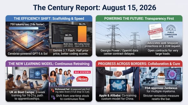 coding harness lifts Opus 5 to 96%, Georgia Power-OpenAI data-center review extension, UK AI boot camps, Apple-Alibaba China model, FDA myeloma drug.