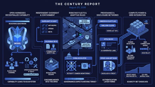 Five-panel infographic: open AI harnesses spread capability, labs graded on containment, robotaxi fleets and new rules, AI-content labels, and compute versus power-grid buildout.