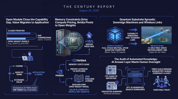 open models close the frontier gap, Nvidia's reported 15%+ hikes on some server configurations and open-weight pivot, Japan and Brookhaven quantum milestones, and AI summaries meeting human