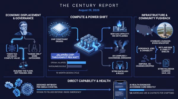 Four-panel Century Report infographic: OpenAI Jalapeño chip efficiency, AI job-tax debate, 189 GW gas buildout and Starbase Louisiana, and a designed Ebola antibody cocktail.