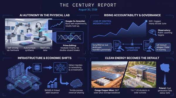 Four-panel Century Report infographic: AI runs lab experiments in configured workflows and edits DNA; an AI-incident tally climbs; labels sue Anthropic; clean energy becomes the default.